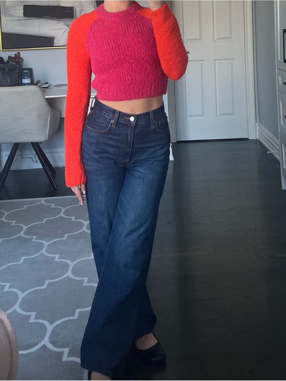 Aritzia Colorblock Crewneck Sweater in Pink and Orange